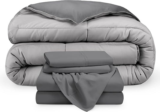 Bare Home Reversible Bed-in-A-Bag Comforter & Sheet Set - Full Extra Long - Down Alternative - Soft - Bedding Set (Full XL, Light Grey, Grey)