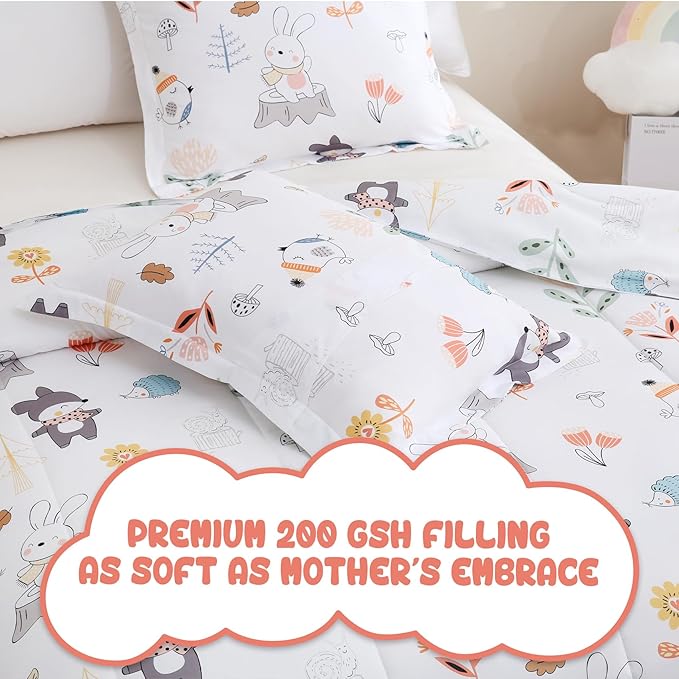 Yibeizi Woodland Animals Comforter Set Full Size, Kids Forest Floral Camper Themed Printed Bedding Set with Pillow Sham, Cute Lightweight Soft Breathable Machine Washable Quilted Bed Comforter