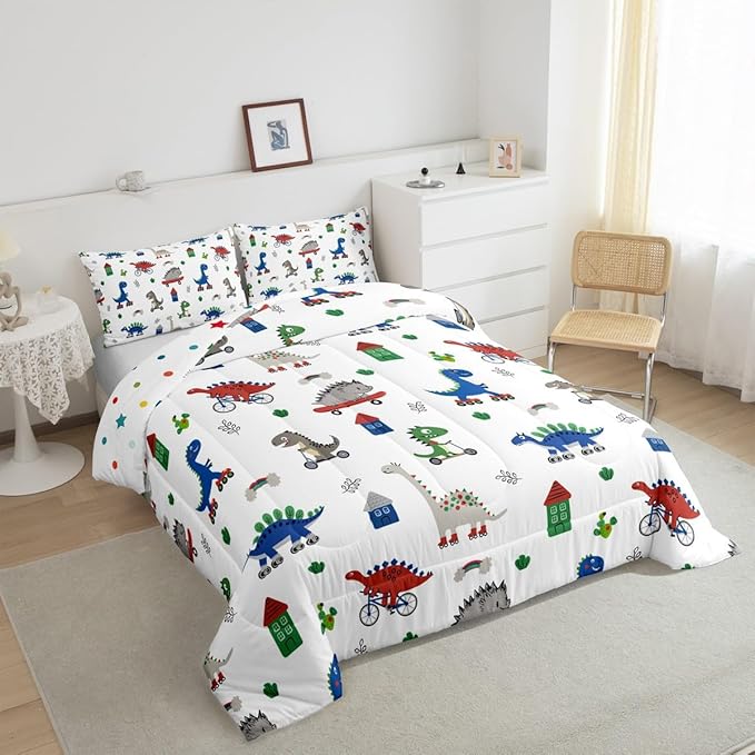 Feelyou Kids Cartoon Dino Comforter Set Twin Size, Blue Green Dinosaur Bedding Set Boys Girls Kawaii Comforter Jungle Dino Duvet Insert 2Pcs