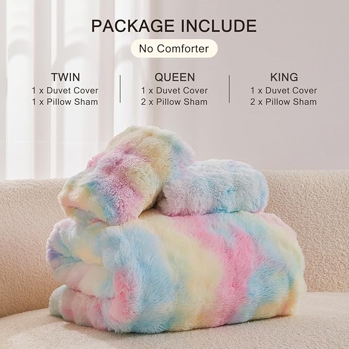 EMME Faux Fur Duvet Cover Queen Size, 3 Pieces Ultra Soft Fluffy Comforter Cover, Cozy Warm for Winter, Luxury Elegant Shaggy Bubble Design Bedding, 1 Duvet Cover & 2 Pillow Shams (Queen, Rainbow)