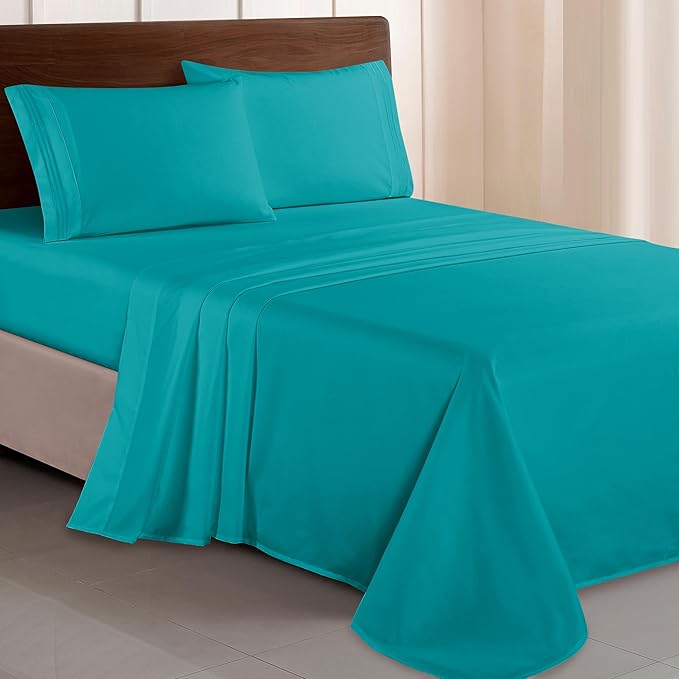 Elegant Comfort Luxurious 1500 Premium Hotel Quality Microfiber Three Line Embroidered Softest 4-Piece Bed Sheet Set, Wrinkle and Fade Resistant, Queen, Turquoise