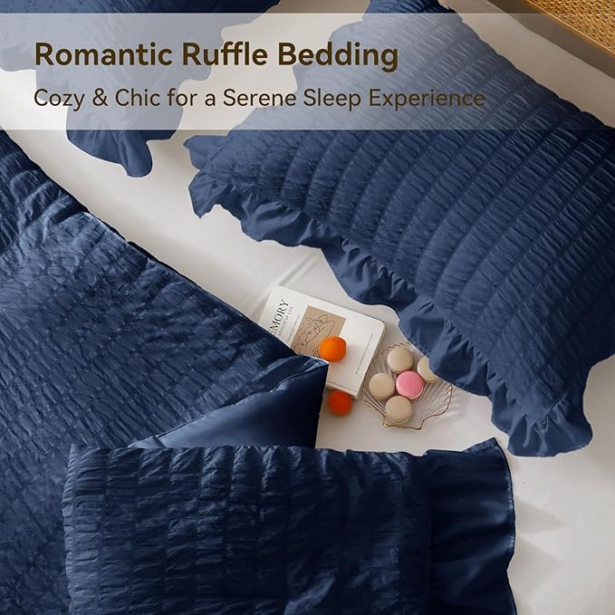 JOLLYVOGUE Navy Blue King Comforter Set, 3 Pieces Seersucker Comforters King Size, Lightweight & Fluffy Bedding Sets King for All Season with 1 Ruffle Comforter and 2 Ruffle Pillowshams