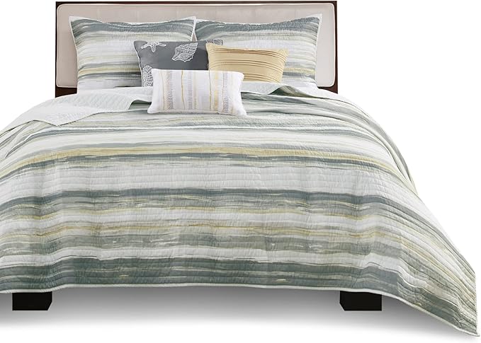 Madison Park Quilt Set Cottage Coastal Design, 6 Piece Set - All Season, Coverlet Bedspread Lightweight Bedding Layer, Shams, Toss Pillows, King/Cal King(104 in x 94 in), Yellow/Grey