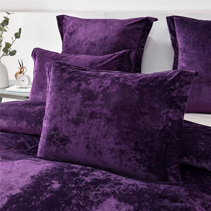 Sunshine Nicole Distressed Velvet Comforter Set, Distressed Velvet Face and Brushed Solid Microfiber Reverse, with Light Weight Soft Poly Fill, 5 Pieces Purple, Queen