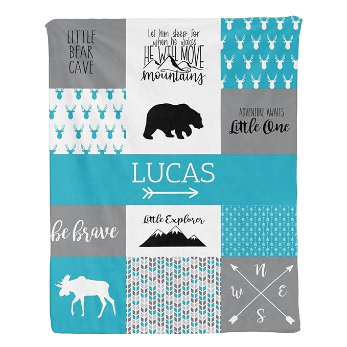 Customzed Baby Blanket for Boys Super Soft Double Layer with Dotted Backing, Monogrammed Receiving Blanket with Cute Woodland Multicolor Printed Blanket, Teal, 40 x 50 Inch