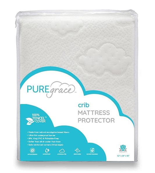 PUREgrace Tencel Crib Mattress Protector – Waterproof, Noiseless, Breathable Cover with Deep-Pocketed Corner Strap for Secure Fit