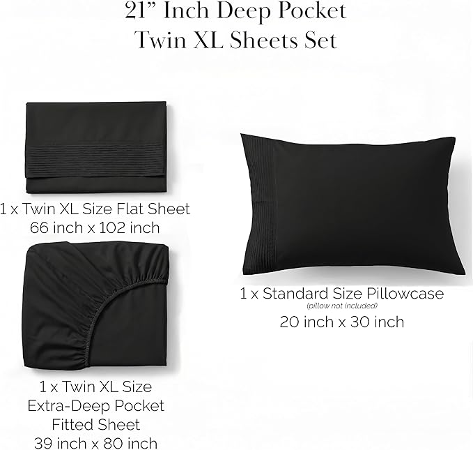 SouthShore Fine Living Vilano Pleats, 3-Piece, 21-Inch Extra Deep Pocket Sheet Set, Twin XL Sheets with Flat Sheets and Pillowcase, Easy Care and Shrinkage-Free Deep Pocket Sheets, Sheet Set, Black