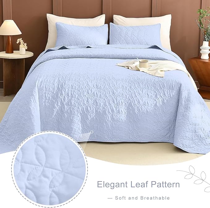 Lady Ann Light Blue Oversized King Bedspread 128x120, Leaves Pattern Printed Oversized King Quilt Set for Extra Large Bed, Lightweight & Soft Farmhouse Bedspreads & Coverlets, 3PCS