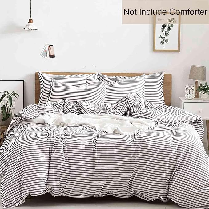 Nanko Striped King Size Duvet Cover Set, White and Grey Stripe Print Pattern 3 PCS - Microfiber Bedding Sets Comforter Cover Zip, Tie - Modern Farmhouse Style for Men and Women Teen, 104 X 90 in Gray