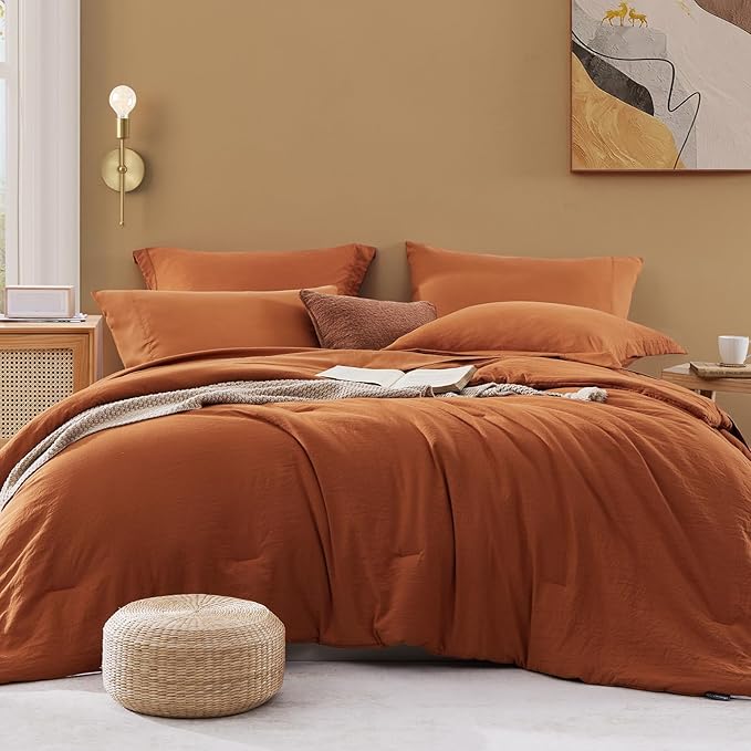 WRENSONGE Super King Comforter Set- 7 Pieces Soft Burnt Orange Bed in a Bag with Fitted Sheet, Flat Sheet, 2 Shams, and 2 Pillowcases-Warm Bed Sets Fall Comforter for All Seasons