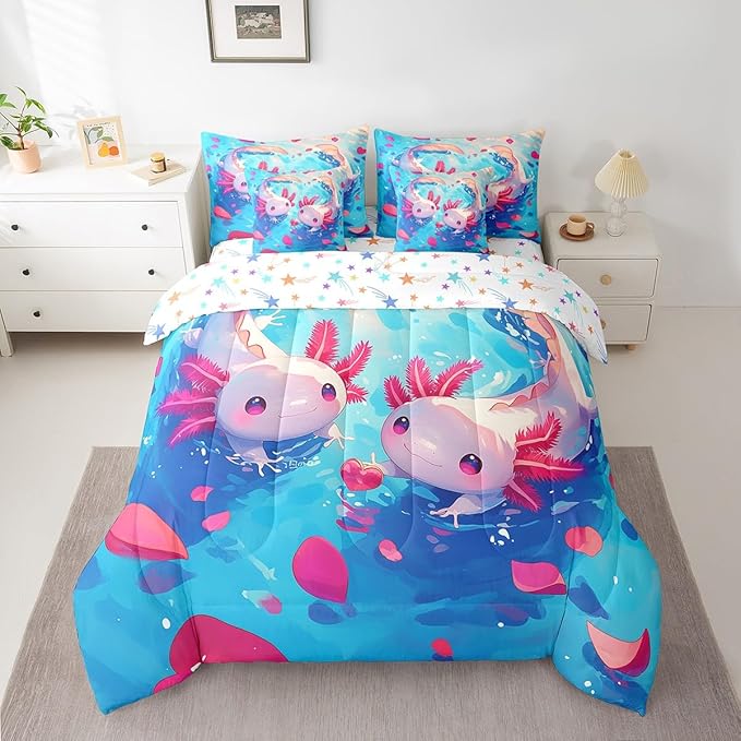 Feelyou Kids Cute Axolotl Bed in A Bag Twin Size, Ocean Sealife 7 Pieces Bedding Set Boys Girls Cartoon Animal Comforter Set with Sheets Kawaii Teens Bed Set Bedroom Decor 7Pcs