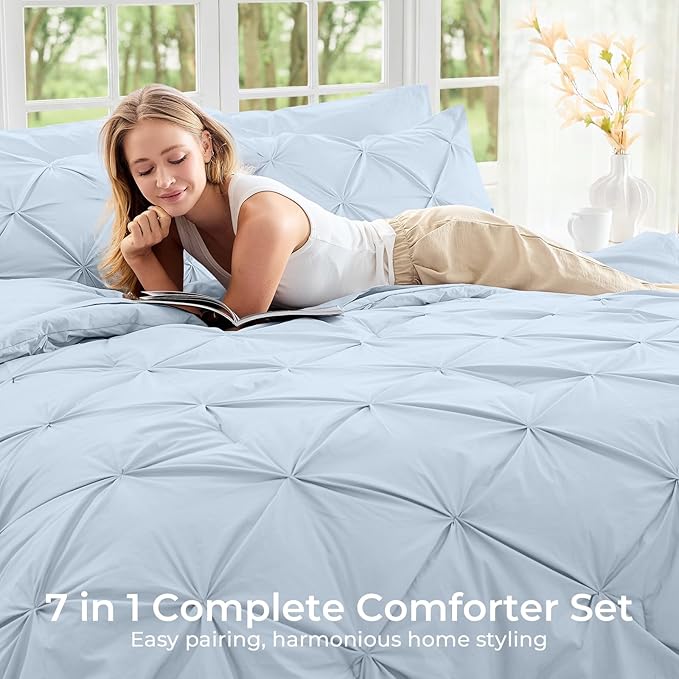 Sasttie Queen Comforter Set, 7-Piece Bed in a Bag, Pintuck Bedding Sets for All Season, Includes Comforter, Flat Sheet, Fitted Sheet, Pillowcases and Pillowshams, Light Blue