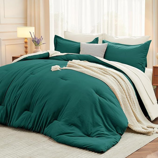 MUXHOMO 7 Pieces Full Comforter Set, Soft Bed in a Bag Full Size, All Season Bedding Set with Comforter, Flat Sheet, Fitted Sheet, Pillowcases & Shams, Peacock Blue & Ivory