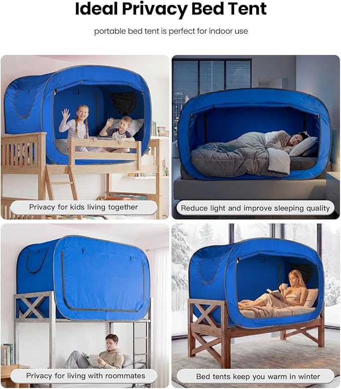 Bed Tent Twin Bed Canopy Portable Dream Tent for Adult Indoor Sleeping Tents with 2 Doors Breathable Private Space Tents, Blue
