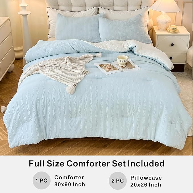Boho Comforter Set Full Size Striped Pleats Bohemian Seersucker Bedding Set All Season Soft Cozy 3 Pieces Quilt with 2 Pillowcases(80"X90" Light Blue)