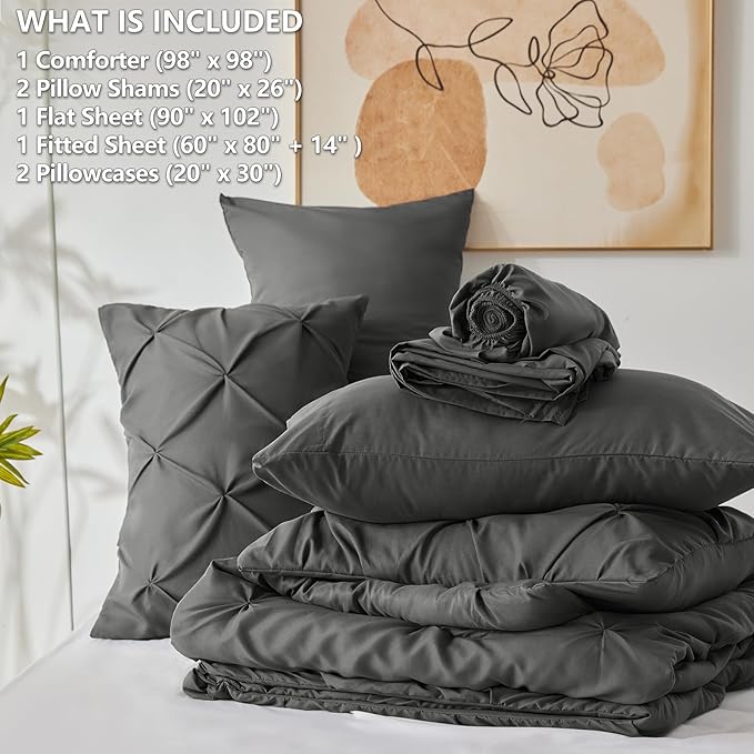 Oversized Queen Comforter Set Dark Grey, 7 Pieces Pintuck Bed in A Bag Oversized Queen Size Bedding, Soft Bed Set All Season Pinch Pleat Comforter Set with Sheets, Pillowcases & Shams