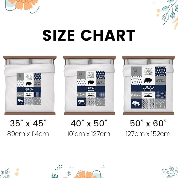 Personalized Baby Blanket, Blue Woodland Baby Blankets for Boys, Super Soft Nursery Blankets with Cotton Front and Dotted Fleece Backing, Printed Bed Throws Newborn