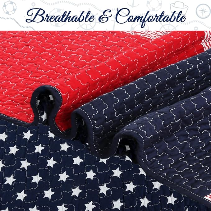 Cozy Line Home Fashions 100% Cotton Sailor Navy Blue Star Striped Print Cotton Reversible Bedding Quilt Set (Patriotic Patchwork, Queen)