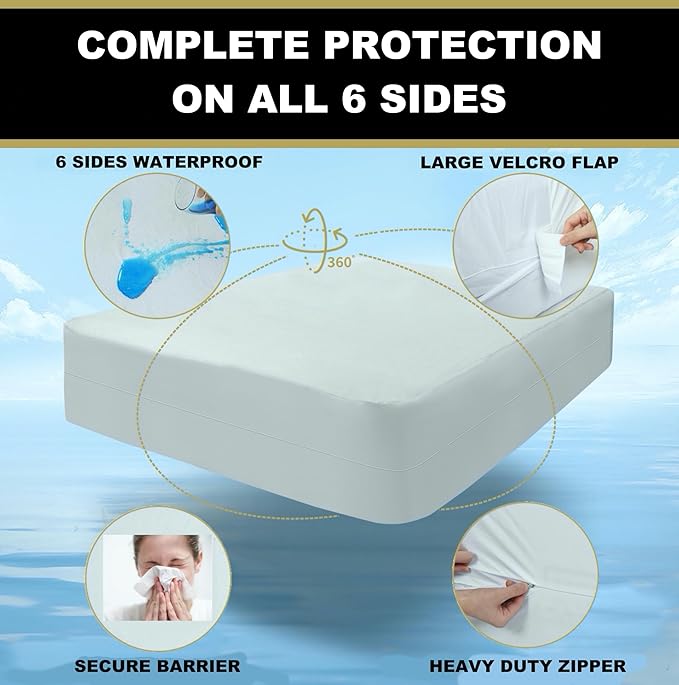 MATTSHIELD Ultimate Sensitive Skin 3-Piece Kit – Queen Size Bed Bug Mattress Protector + 2 Zippered Pillow Covers – Organic Cotton Terry Top – Waterproof 6-Sided Encasement, Soft & Breathable