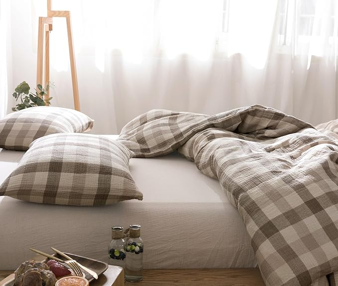 VM VOUGEMARKET King Duvet Cover Set Beige Grey Plaid Bedding Set Soft Breathable 3 Layers Muslin Cotton Linen Like Gauze Comforter Cover with Zipper Closure-3 Pieces,104"x90"