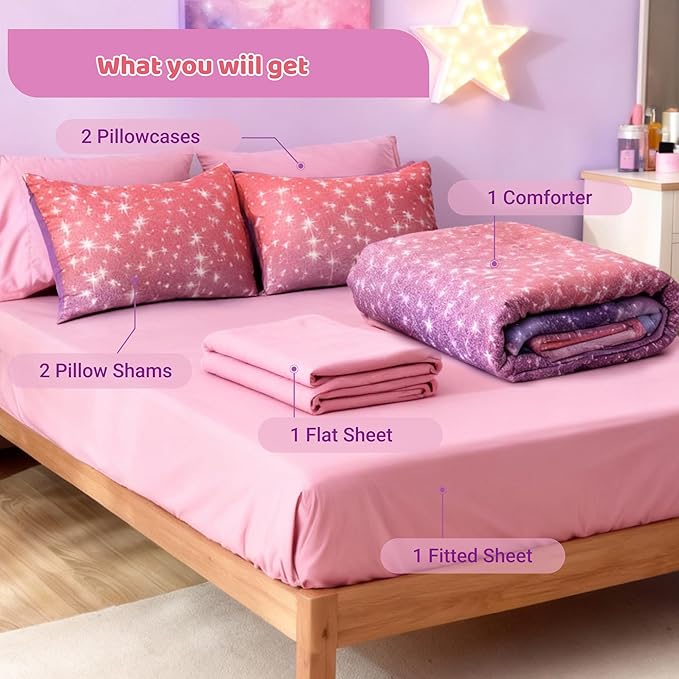 Twin Comforter Set for Girls, Kids - 5 Pieces Purple Galaxy Patterns Twin Bedding Sets for Girls Boys Teen, Soft Cozy Bed in A Bag with Sheets