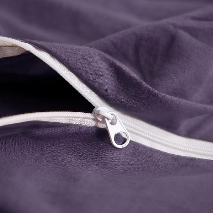 NEXHOME PRO 100% Washed Cotton Duvet Cover Twin Size, Ogranic Natural Linen Feel Breathable Bedding Set with Zipper Closure, 2 Pieces Duvet Cover Set Eggplant (No Comfortert) 6890
