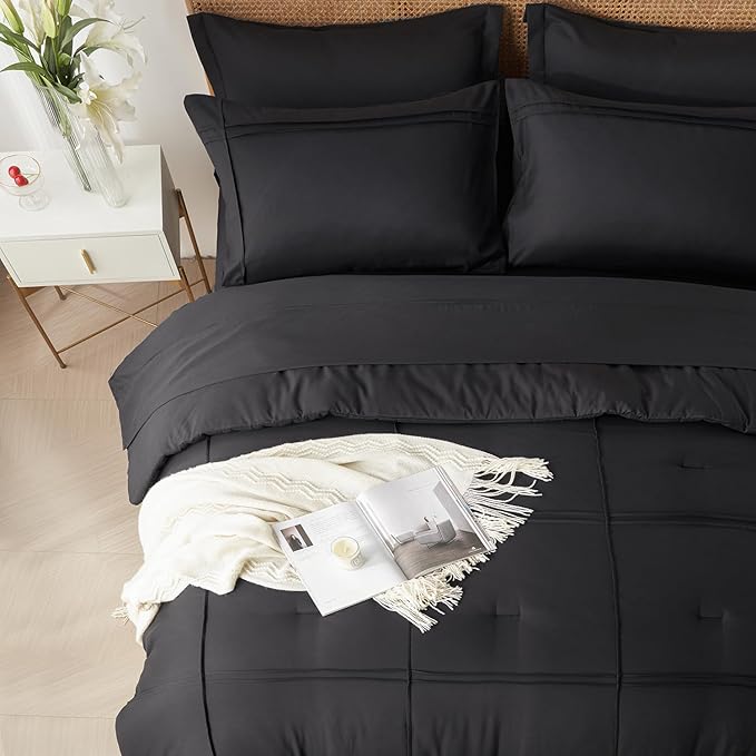 Yogeneg King Size Comforter Set 7 Piece Bed in a Bag,Grid Pinch Pleat Black Bedding Set,Striped Textured Soft Microfiber Comforter with Sheet Set,All Season Complete Bed Set(Black,King)