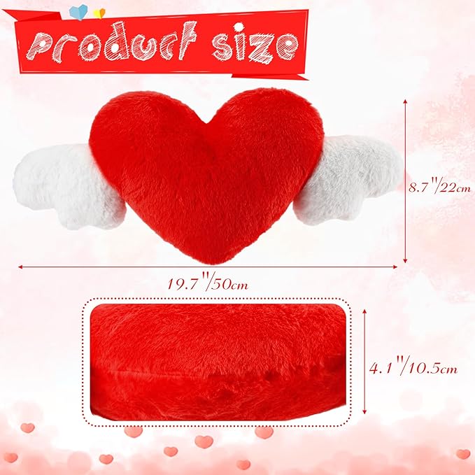 Macarrie 2 Pcs Plush Heart Shaped Pillow with Angel Wings Car Headrest Soft Comfortable Car Seat Pillow for Driving Travelling Room Office Car Decor, 19.7 x 8.3 Inch(Red)