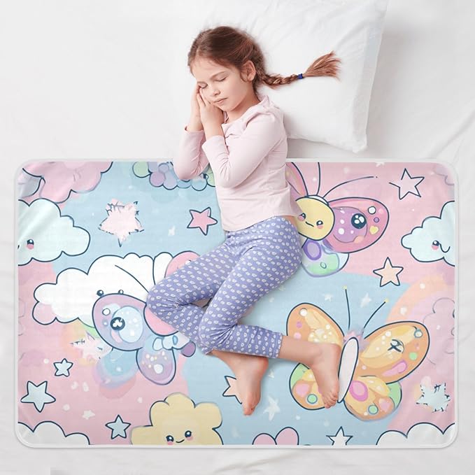Waterproof Bed Pad Reusable Changing Pad Toddler Mattress Protector Large Pee Pad Baby Diaper Pad Soft Washable Liner Pink Butterfly Cloud
