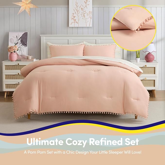 Kids Comforter Set Full Size – Bed in a Bag with Sheets, Pillowcases & Shams – Soft Stylish Pom Pom Bedding – All Season Girls Bed Set