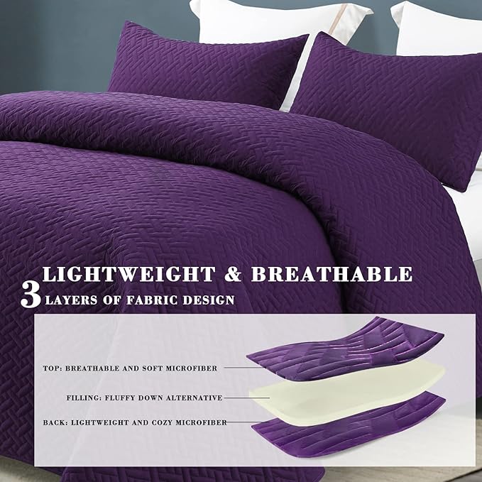 Exclusivo Mezcla Full Queen Size Quilt Bedspreads with Basket Weave Pattern, Soft Lightweight Summer Quilts Bedding Set Coverlets Bed Cover for All Seasons, Purple