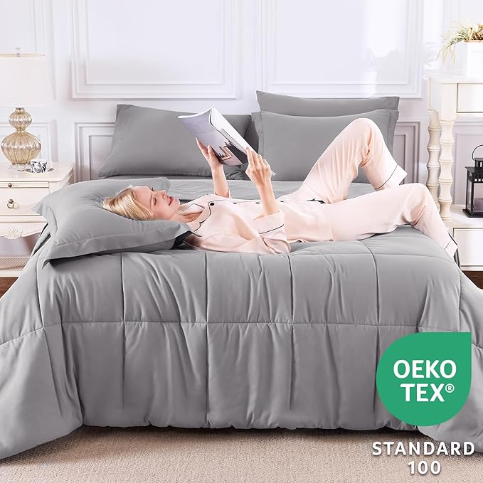 CozyLux Queen Comforter Set Grey - 7 Pieces Bed in a Bag Queen, All Season Breathable Bedding Sets, Oeko-Tex Certified Bed Set with Down Alternative Comforter, Sheets, Pillowcases & Pillow Shams