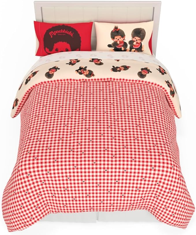 Monchhichi Bedding 7 Piece Queen Bed Set, Soft Cozy Nostalgia Reversible Comforter and Sheet Set with Sham, Officially Licensed Product by Franco