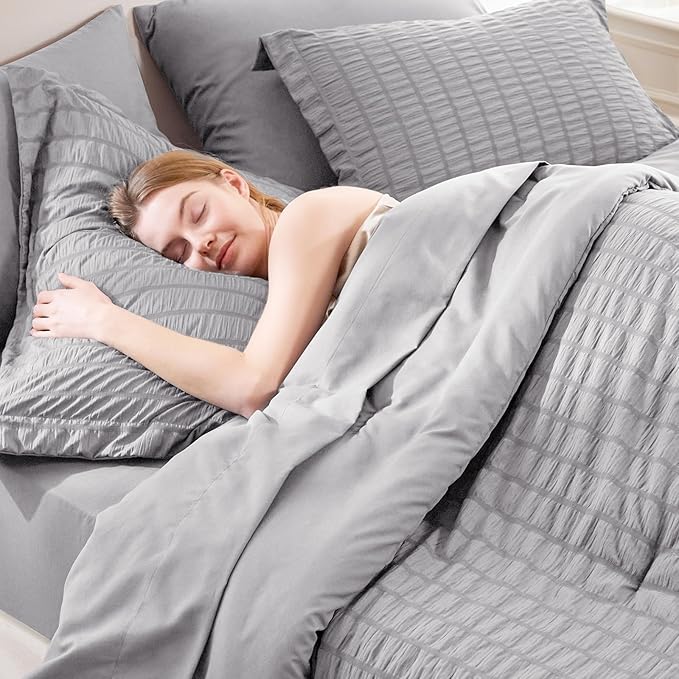 CozyLux Queen Comforter Set Grey Seersucker 7 Pieces Bed in a Bag Queen Comforter Set with Sheets, Gray Luxury Soft Bedding Set with Down Alternative Comforter, Sheets, Pillowcases & Shams All Seasons