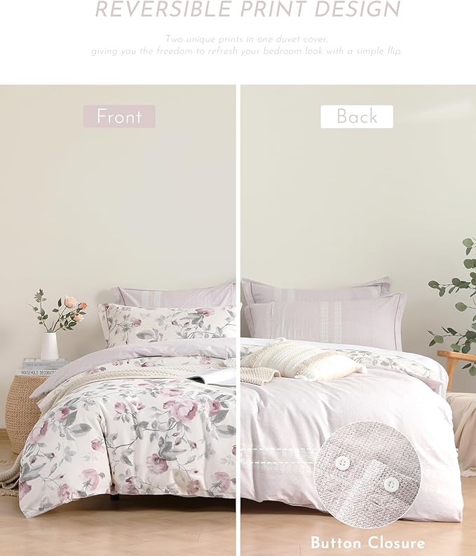 Vintage 100% Cotton Duvet Cover Full Size - Dusty Rose & Soft Gray Foliage on White, Blush French Striped Patchwork Reverse, Neutural Bedding Set 3Pcs with Button Closure (Full,80"×90")