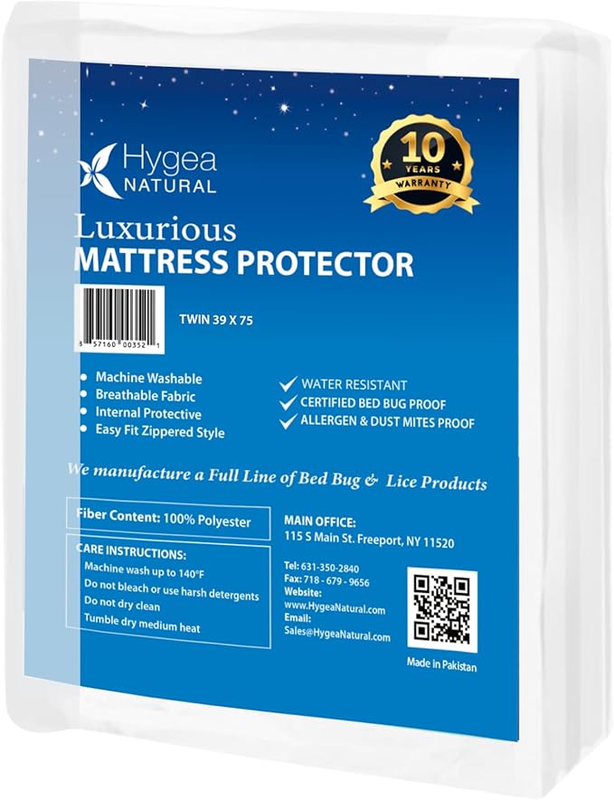 Hygea Natural Luxurious Twin Size Mattress Cover, Water-Resistant, Hypoallergenic Zippered Encasement - 39" x 75" x 9” Deep (Stretchable to 15"), Dust & Allergy Protection