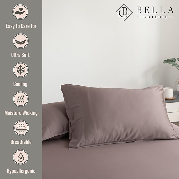 Bella Coterie | Luxury Bamboo Viscose Standard Size Pillowcase Set | 100% Organically Grown | Ultra Soft | Cooling | 2 Pcs [Mocha]