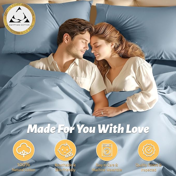 Shilucheng 100% Egyptian Cotton King Size Sheets Set - 1000 Thread Count，Luxury Cotton Bed Sheets，Breathable & Cooling Bedding and Pillow Cases, 16 Inch Deep Pocket - 6 Piece (French Blue, King)