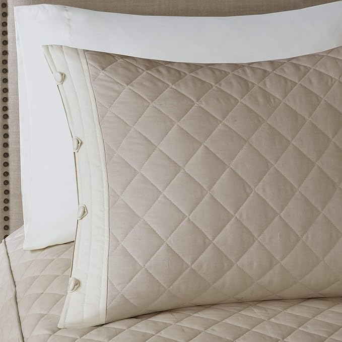 Madison Park Breanna 100% Cotton Fitted Bedspread Classic Traditional Design All Season, Lightweight, Bedding Set, Matching Shams, Queen(60" x80+24D), Diamond Quilted Khaki 4 Piece