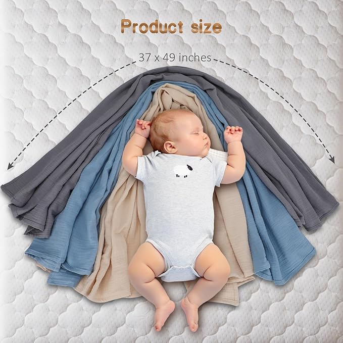 Baby Muslin Swaddle Blankets for Boys and Girls, 3-Pack Soft and Breathable Cotton Swaddles, Large 37 x 49 inches Receiving Blankets, Essentials for Newborns, Unisex 005
