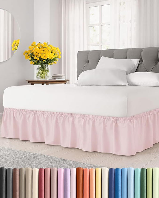 Wrap Around Dust Ruffle Bed Skirt - Lavender Pink - for King Size Beds w/ 15 Inch Drop - Easy Fit Elastic Strap - Adjustable Pleated Bedskirt w/Brushed Fabric - Wrinkle Free, Women, Men, Kids & Teens