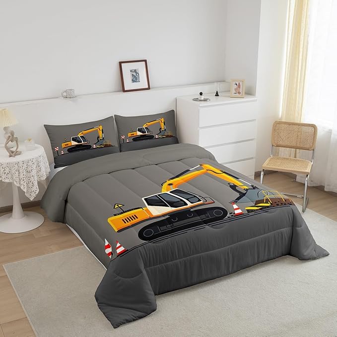 Feelyou Excavator Comforter Set Boys Cute Vehicles Truck Car Print Bedding Set Kids Cartoon Machinery Cars Comforter for Teens Room Decor Construction Site Duvet Set King Size Boys