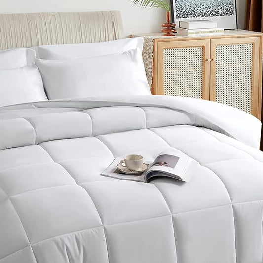 TAIMIT White Full Size Comforter Set - 7 Pieces, Bed in a Bag Bedding Sets with All Season Soft Quilted Warm Fluffy Reversible Comforter,Flat Sheet,Fitted Sheet,2 Pillow Shams,2 Pillowcases