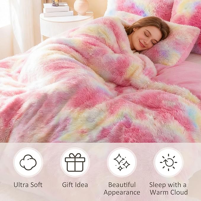 EMME Luxury Fuzzy Duvet Cover Set Queen Size Fluffy Comforter Cover Set for Queen Bed 2 Pieces Shaggy and Plush Soft Bedding Duvet Covers (Rainbow Colorful Pink, Queen)