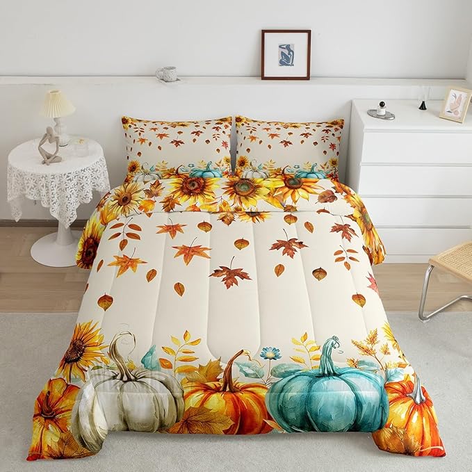 Fall Pumpkin Bedding Set For Home Queen Thanksgiving Harvest Season Fruit Decor Comforter Set Autumn Fall Maple Leaf Quilt Comforter for Kids Teen Adults,Rustic Farm Sunflower Bed Sets 2 Pillow Cases
