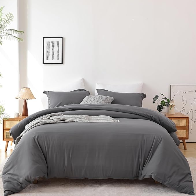 Whitney Home Textile Dark Grey Duvet Cover Set Queen Size - 3 Piece Luxury Soft Cooling Duvet Cover with Zipper Closure and Pillow Sham, Breathable Washed Brushed Microfiber, Comforter Not Included