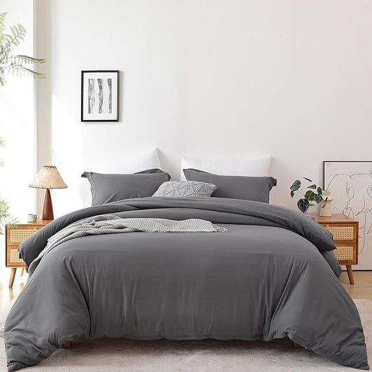 Whitney Home Textile Dark Grey Duvet Cover Set King Size - 3 Piece Luxury Soft Cooling Duvet Cover with Zipper Closure and Pillow Sham, Breathable Washed Brushed Microfiber, Comforter Not Included
