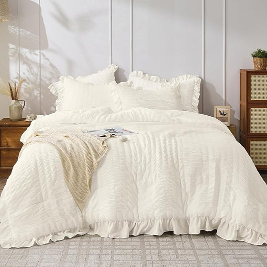JOLLYVOGUE Ivory Twin Size Comforter Set, 2 Pieces Seersucker Lightweight Fluffy Bedding Set, Twin Ruffle Comforter, All Season Soft Microfiber Shabby Chic Bed Set
