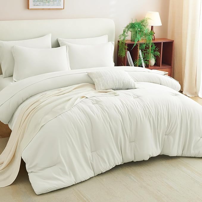 CozyLux Full Size Comforter Set Ivory, 7 Pieces Bed in a Bag Full Comforter Set with Sheets, Soft Bedding Set with Down Alternative Comforter, Fitted Sheets, Flat Sheets, Pillow Shams and Pillowcases