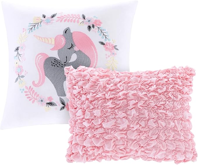 Intelligent Design Kids Reversible Cotton Quilt Set - Vibrant Fun, Playful Print, All Season Children Bedding Coverlet Bedspread, Decorative Pillow, Bedroom Décor, Full/Queen, Cloud Pink 5 Piece